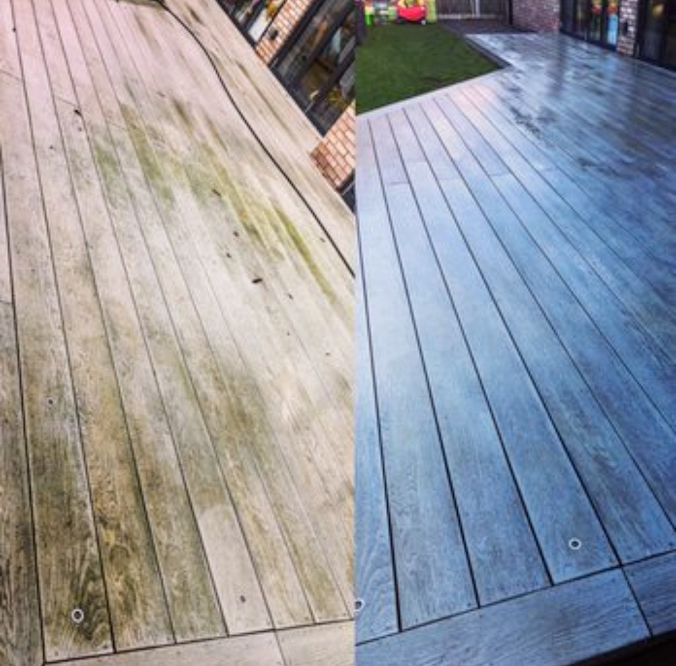 Side-by-side comparison of a wooden deck before and after cleaning. The left side shows the deck with green moss and dirt, while the right side shows the deck clean and stained, appearing darker and more polished.