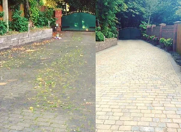 Side-by-side comparison of a driveway before and after cleaning, showing leaves and dirt on the left and a clean, paved surface on the right.