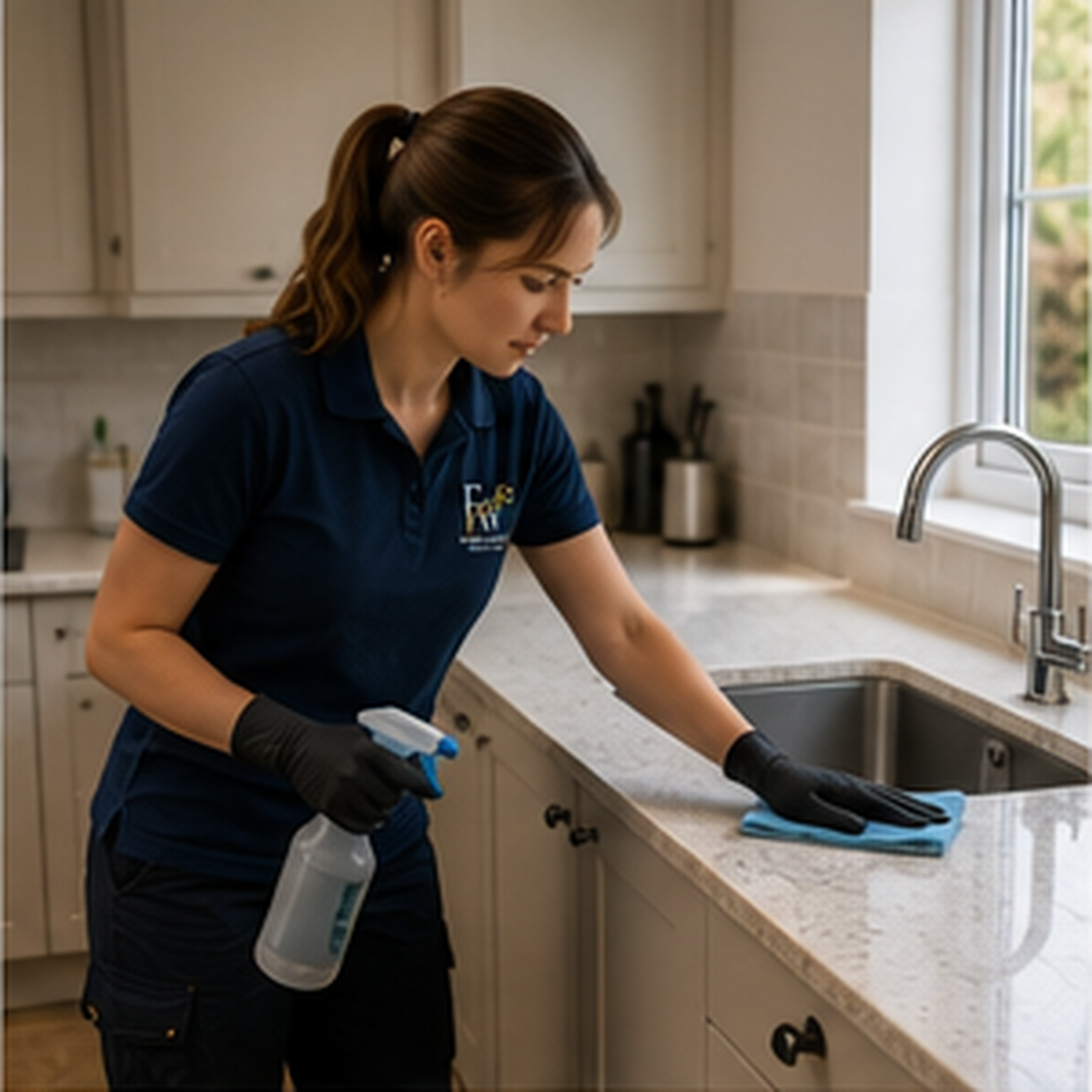 Woman in a navy blue shirt cleaning a kitchen countertop with a blue cloth, wearing black gloves and holding a spray bottle.