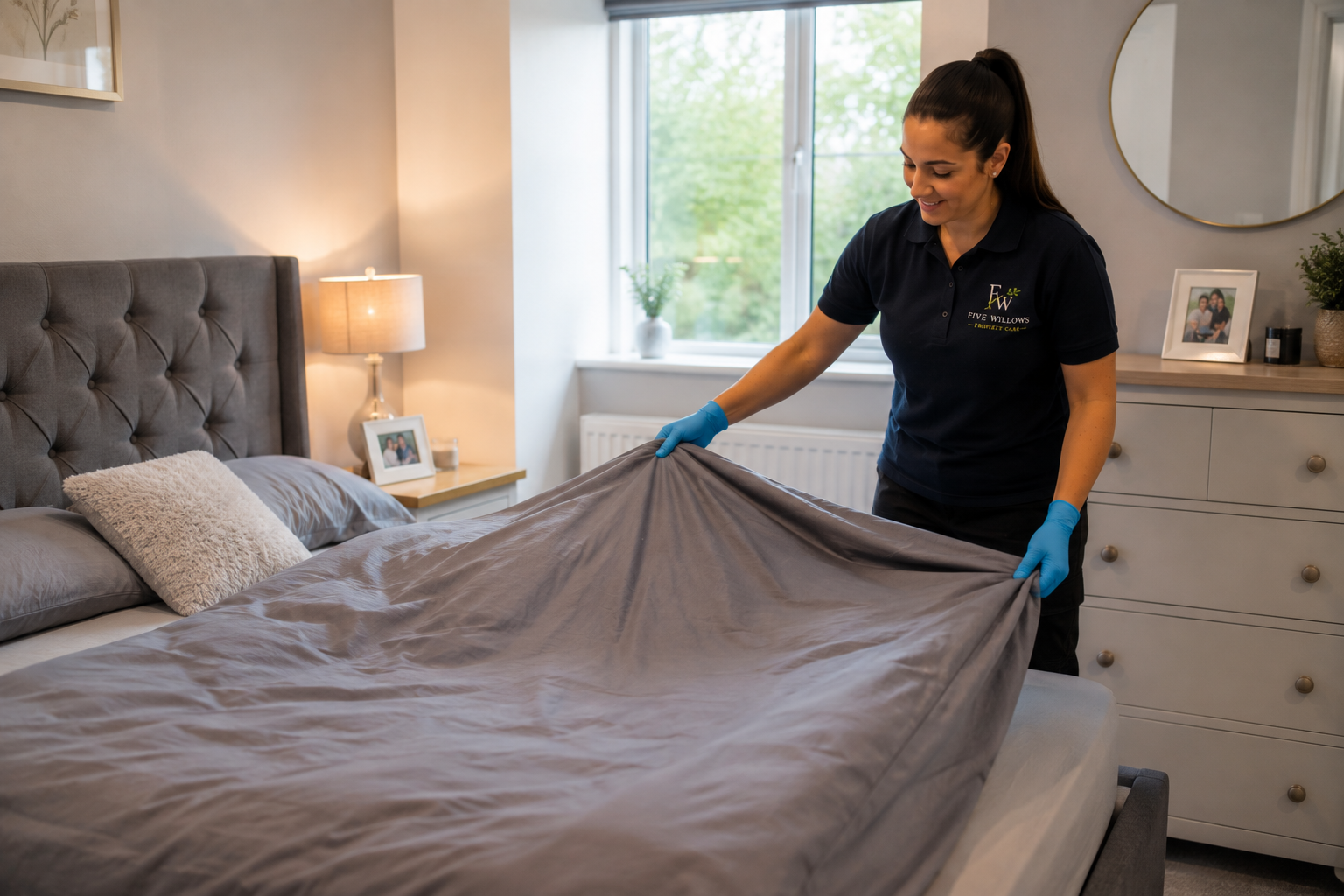 A woman in a black uniform and blue gloves making a bed with a gray sheet in a cozy bedroom with a tufted headboard, a nightstand with a lamp, photo frame, and a beige pillow, and a dresser with a framed photo and plants, near a window with green trees outside.
