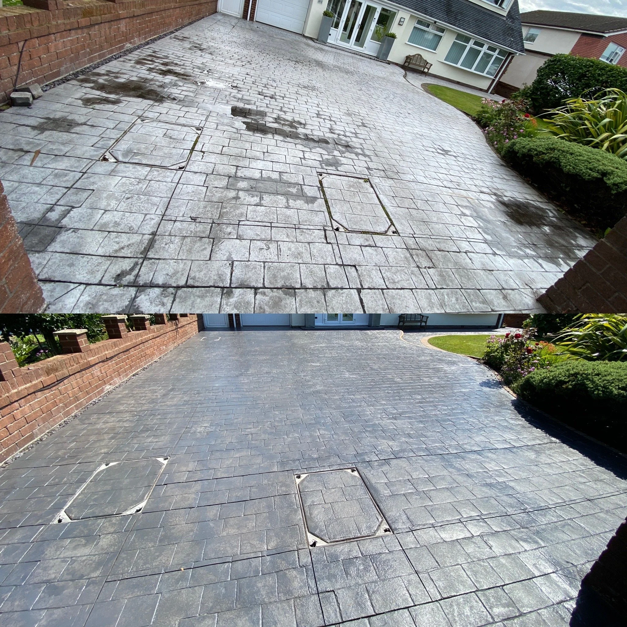 Before and after images of a driveway cleaning transformation, showing a textured brick driveway with stains and dirt on the top, and a clean, newly washed driveway on the bottom.