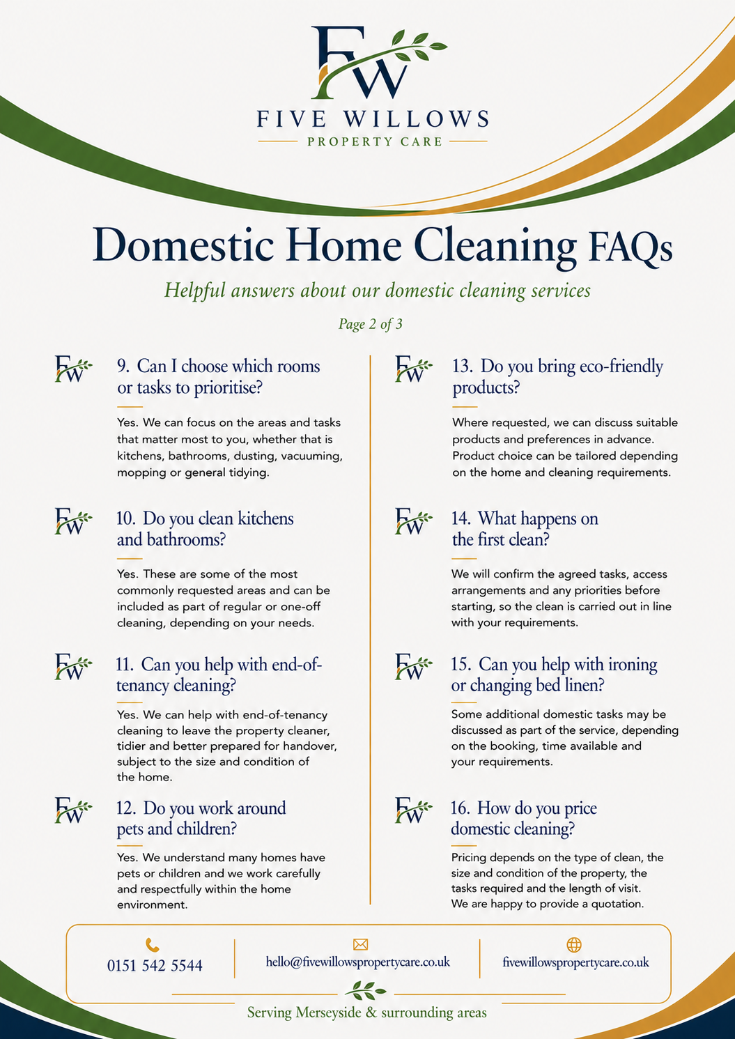 Flyer from Five Willows Property Care featuring FAQ about domestic home cleaning services, including topics like prioritizing rooms, cleaning kitchens and bathrooms, end-of-tenancy cleaning, pet and child considerations, eco-friendly products, first clean process, bed linen ironing, pricing, and contact information.