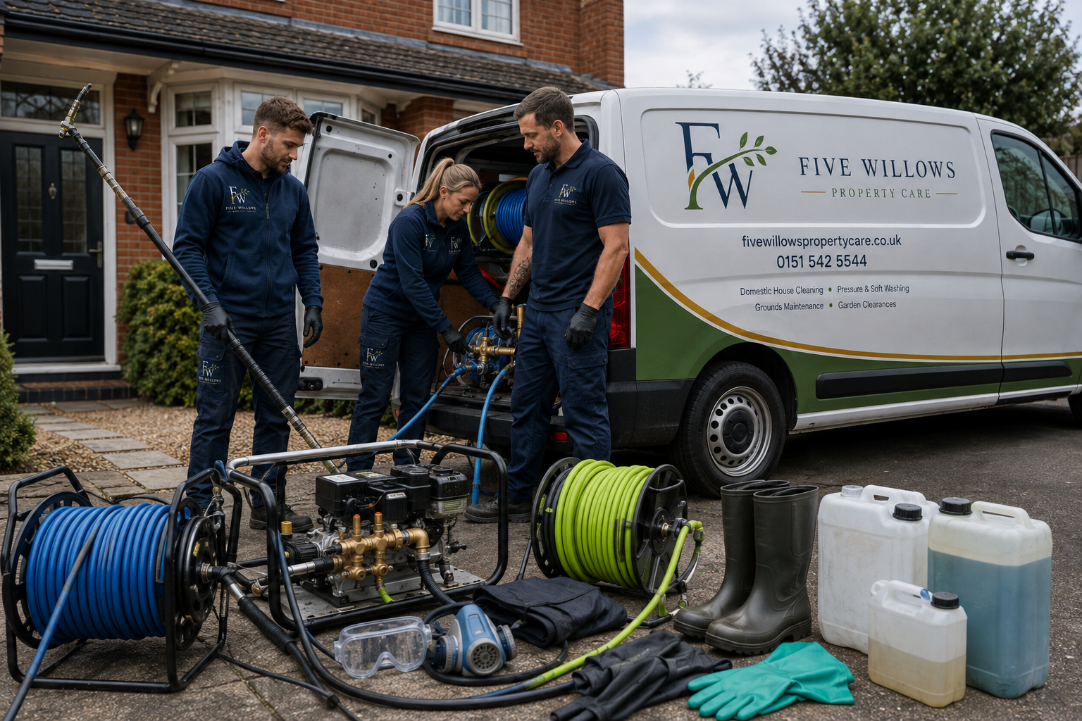 Three workers from Five Willows Property Care preparing equipment for property maintenance outside a house.