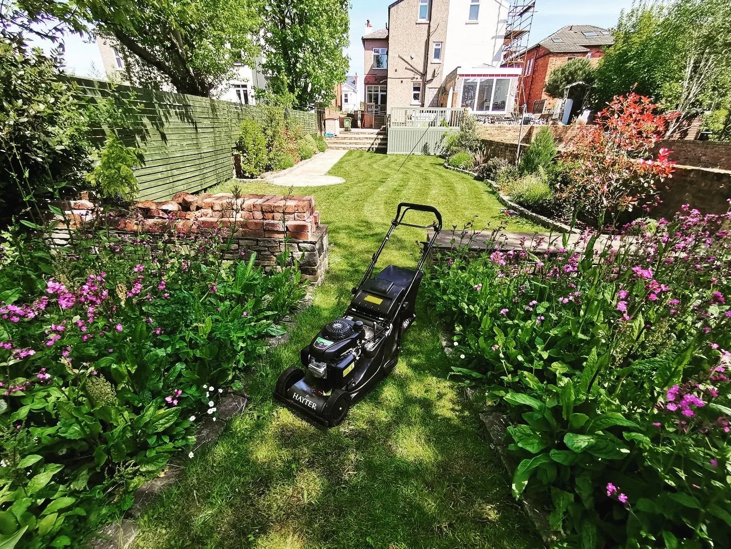 Backyard garden with lush green grass, flowering plants, a brick wall, and a black lawn mower in the center.