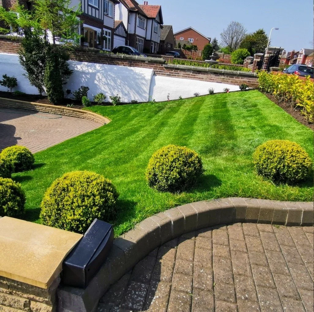 A well-manicured backyard with a lush green lawn, small bushes, and a paved patio area. A white wall and brick fence separate the yard from neighboring houses, and there are trees and houses visible in the background.