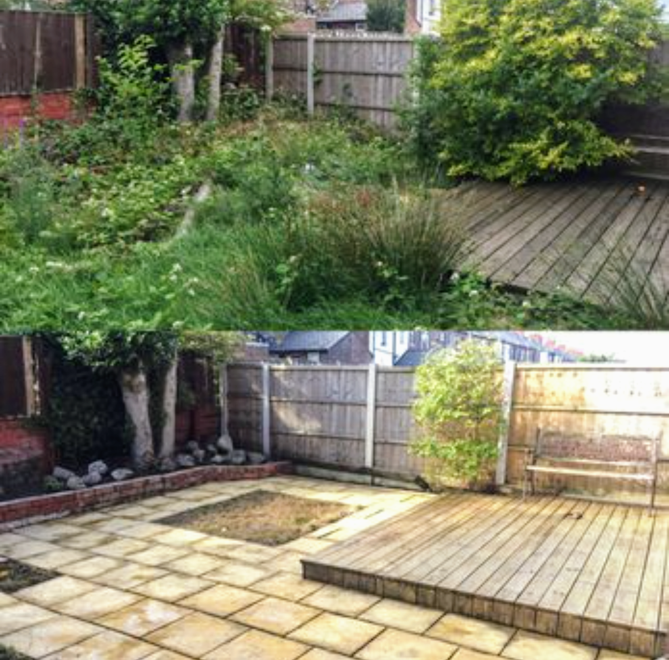 Comparison of a backyard garden before and after landscaping renovation. The top image shows overgrown plants and a weathered wooden deck, while the bottom image displays a tidy, paved patio with a new wooden deck and cleared garden space.