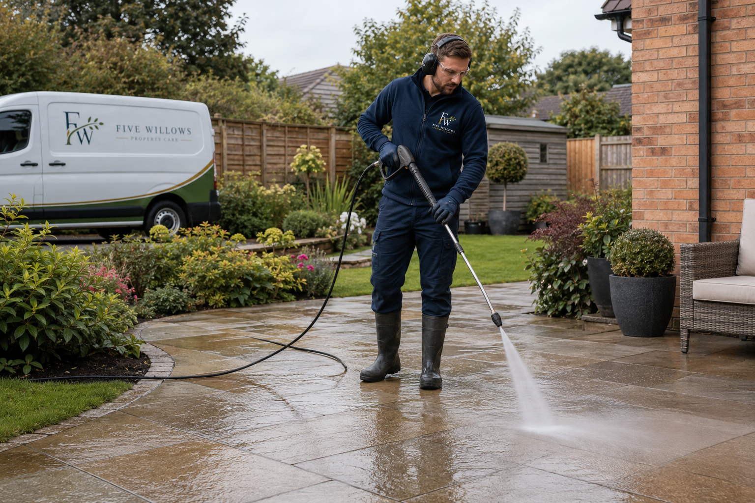 A man wearing rubber boots, gloves, ear protection, and a navy jacket cleaning a stone patio with a pressure washer hose in a residential backyard.