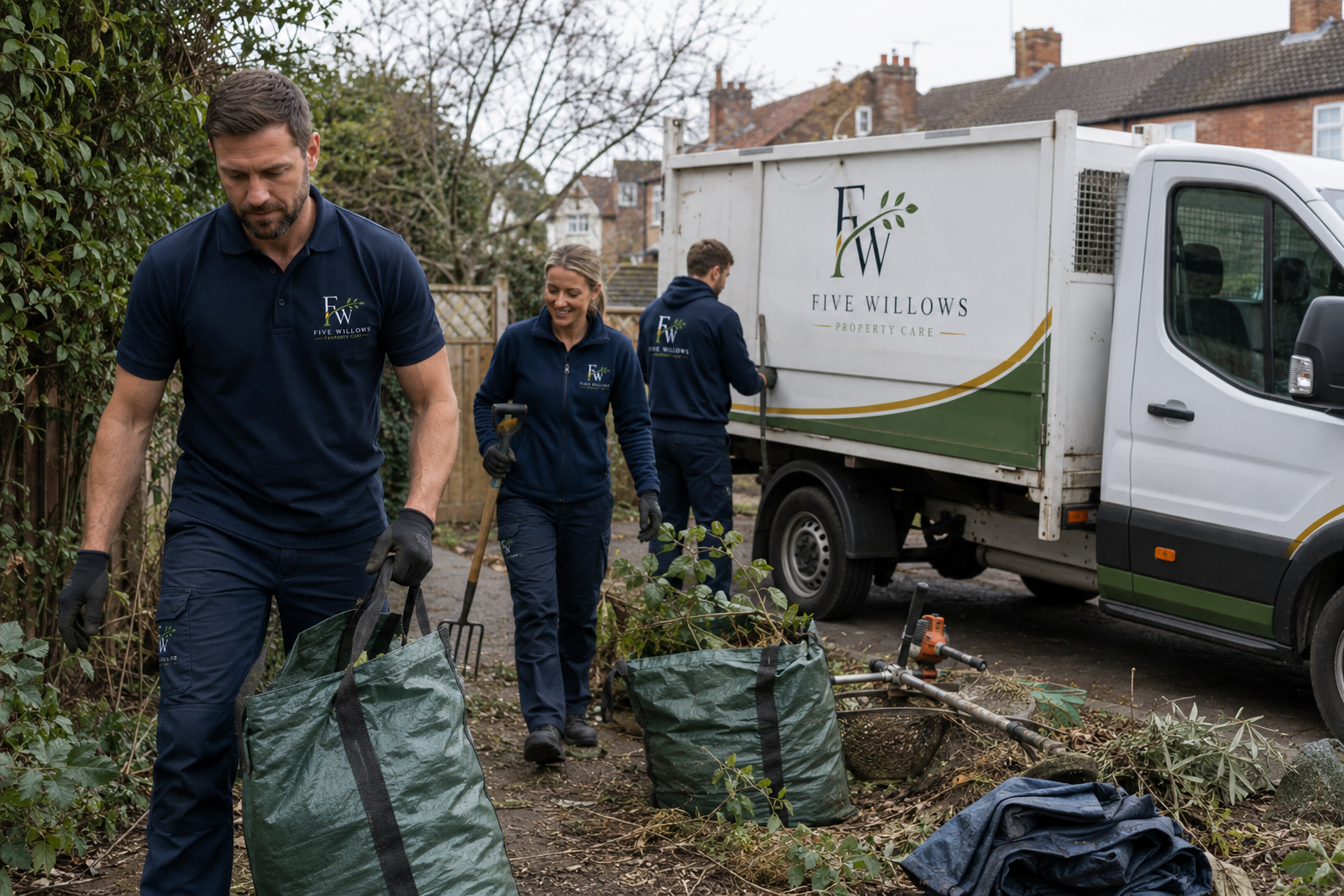 Three workers from Five Willows Property Care are cleaning an outdoor area, collecting debris and branches, with a truck and gardening tools nearby.