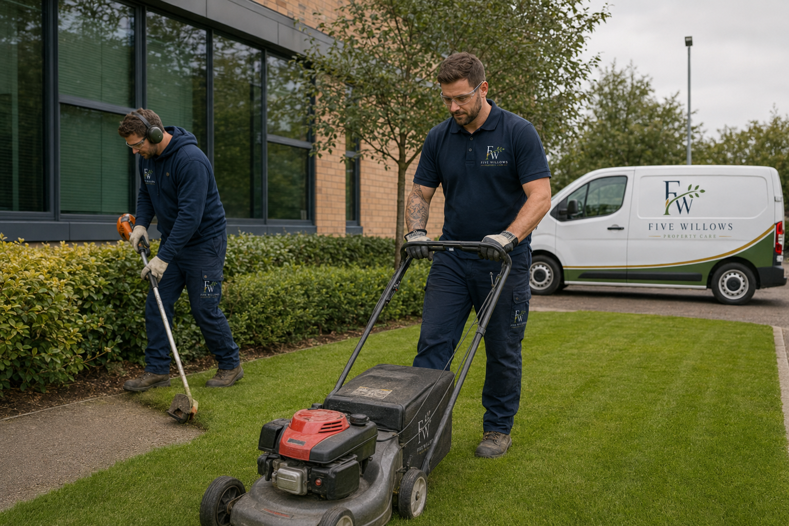 Two workers in navy uniforms with the Five Willows Property Care logo are trimming grass and bushes outside a modern office building. A company van with the same logo is parked behind them.