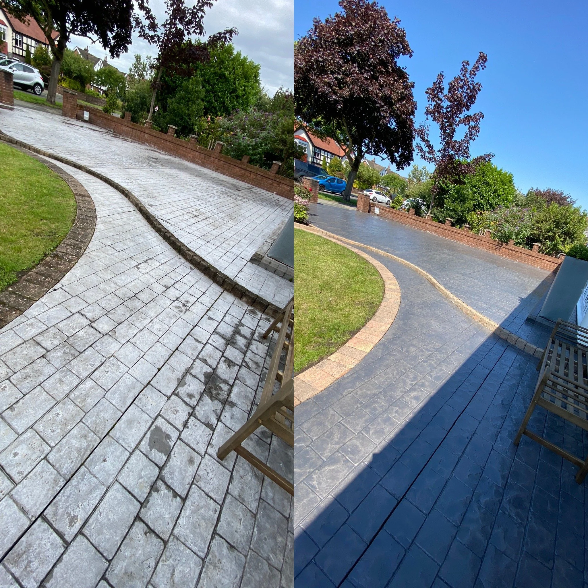 Side-by-side comparison of two images of a residential neighborhood street with trees, parked cars, and a brick wall. The left image is overcast, wet, and shows a slightly lower angle, while the right image is bright, sunny, and taken from a more elevated perspective.