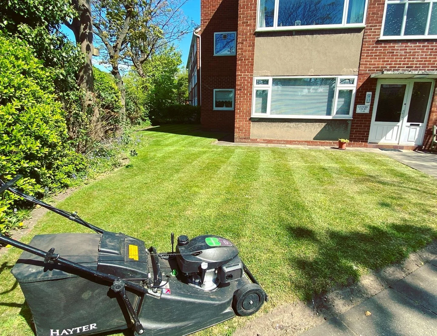 Front yard with freshly mowed grass, a flower pot near the entrance, a lawnmower in the foreground, and a brick and stucco apartment building in the background.
