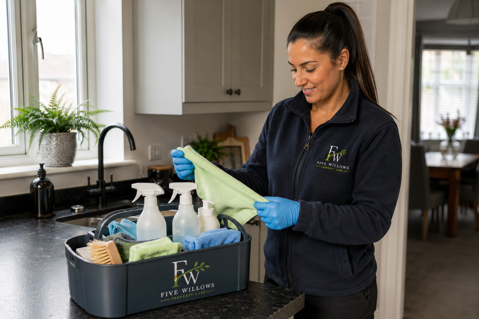 Woman in a navy jacket with 'Five Willows Property Care' logo, wearing blue gloves, is preparing cleaning supplies on a kitchen counter, with a toolbox filled with spray bottles, towels, a brush, and cleaning cloths.