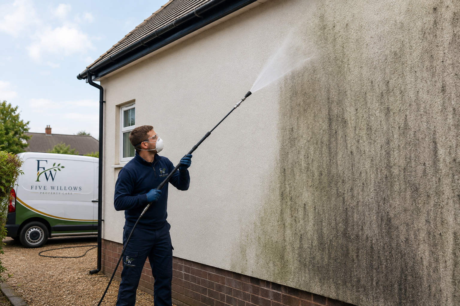 A man wearing a mask, gloves, and a navy uniform pressure washing the stained exterior wall of a house.
