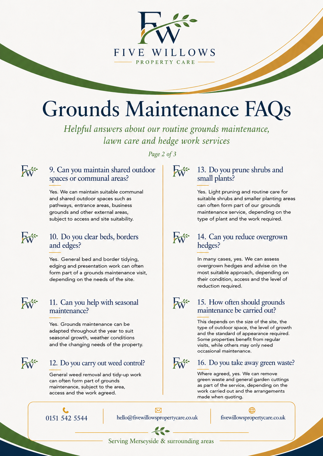 Grounds Maintenance FAQs document for Five Willows Property Care, listing questions and answers about outdoor space maintenance, lawn care, and hedge work, with contact information at the bottom.