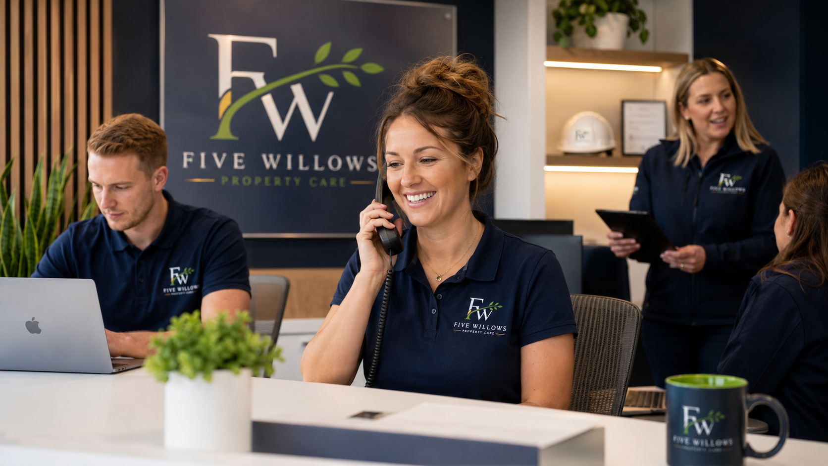 Office reception area with staff members wearing navy shirts with a Five Willows Property Care logo. One woman is smiling while talking on the phone, and others are working at desks with laptops and folders.