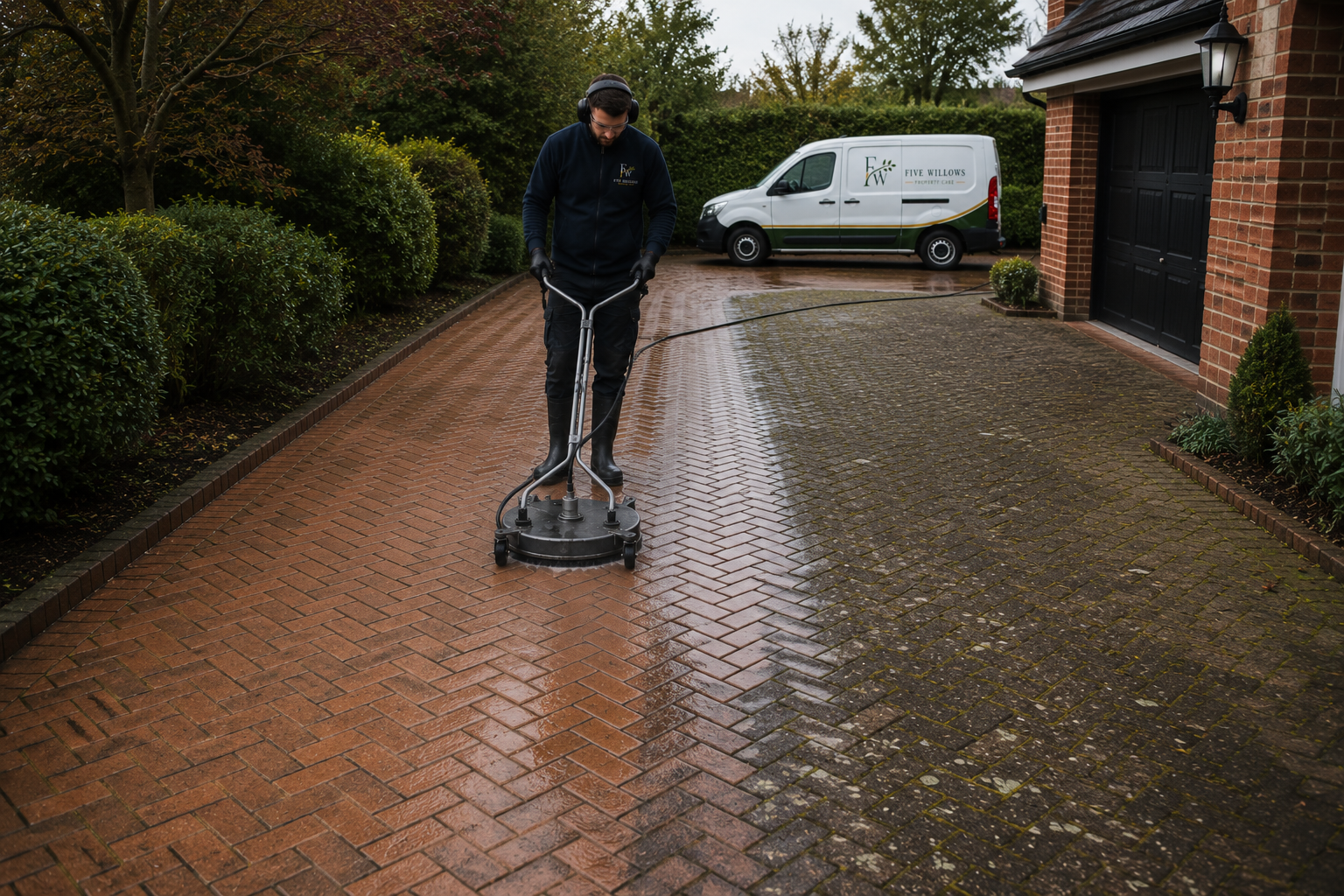 A person pressure washing a brick driveway outside a house on a rainy day, with a white service van in the background.