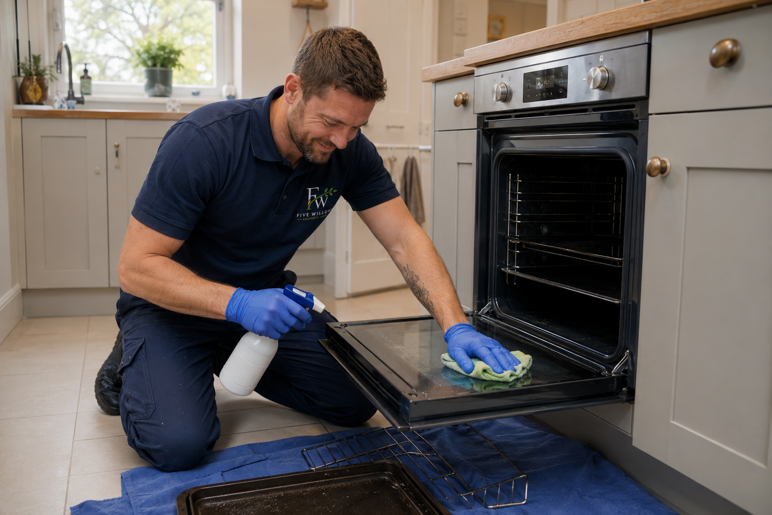 A man cleaning an oven in a kitchen with a spray bottle and cloth, wearing blue gloves and a navy polo shirt.
