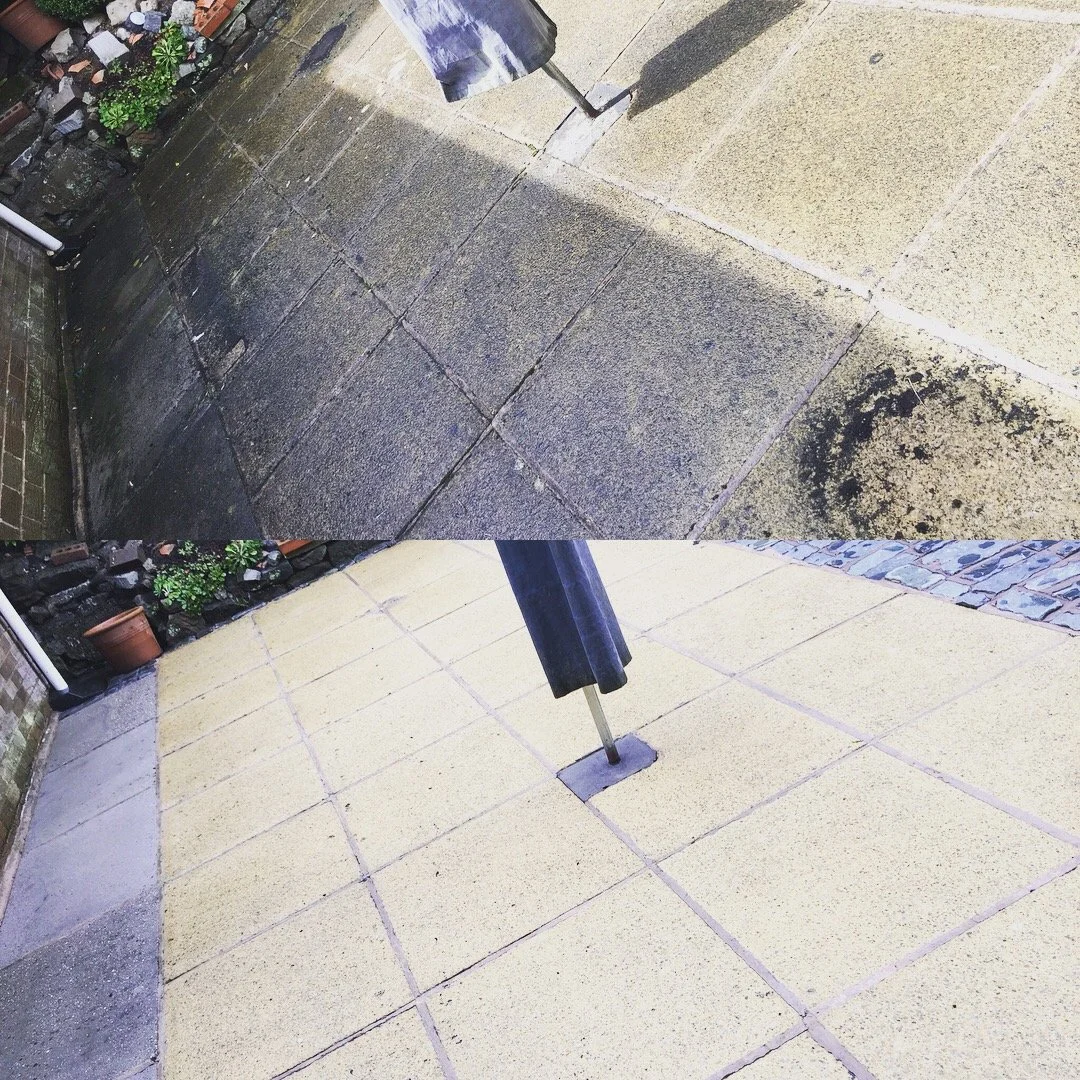 Comparison of an outdoor sidewalk before and after cleaning or renovation, showing the sidewalk's surface changing from dark, stained, and dirty to lighter, cleaner, and well-maintained.