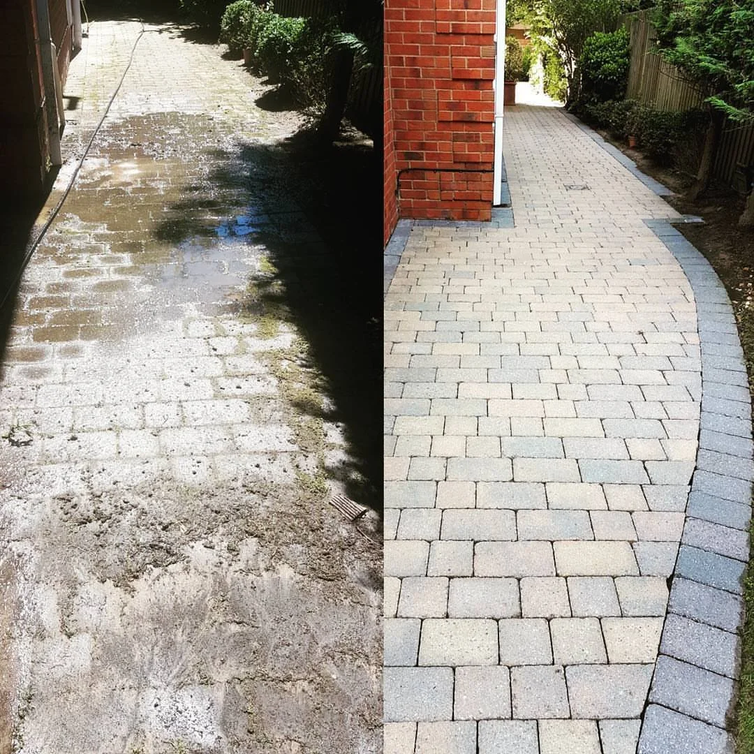 Comparison of a dirty, wet, and uneven concrete pathway on the left with a clean, dry, and finished brick-paved walkway on the right.