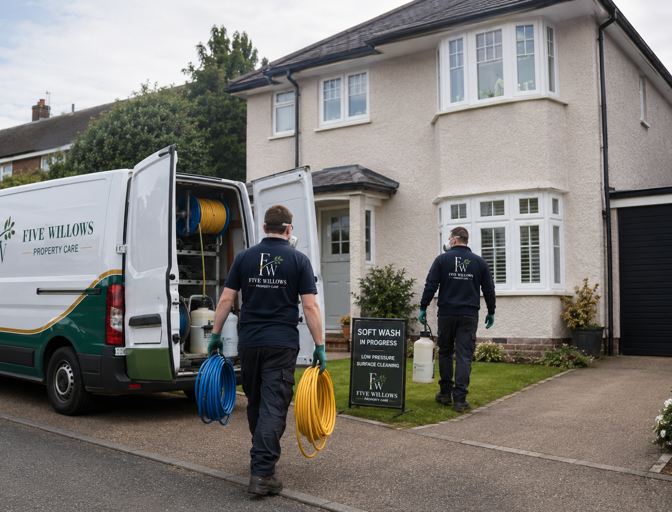 Two workers from Five Willows Property Care preparing equipment outside a house, with a van and a sign indicating they are performing a soft wash with low-pressure surface cleaning.