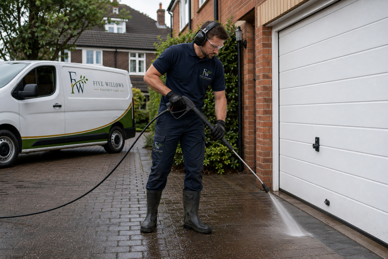 Man wearing safety glasses, headphones, and gloves power washing a driveway near a garage door.