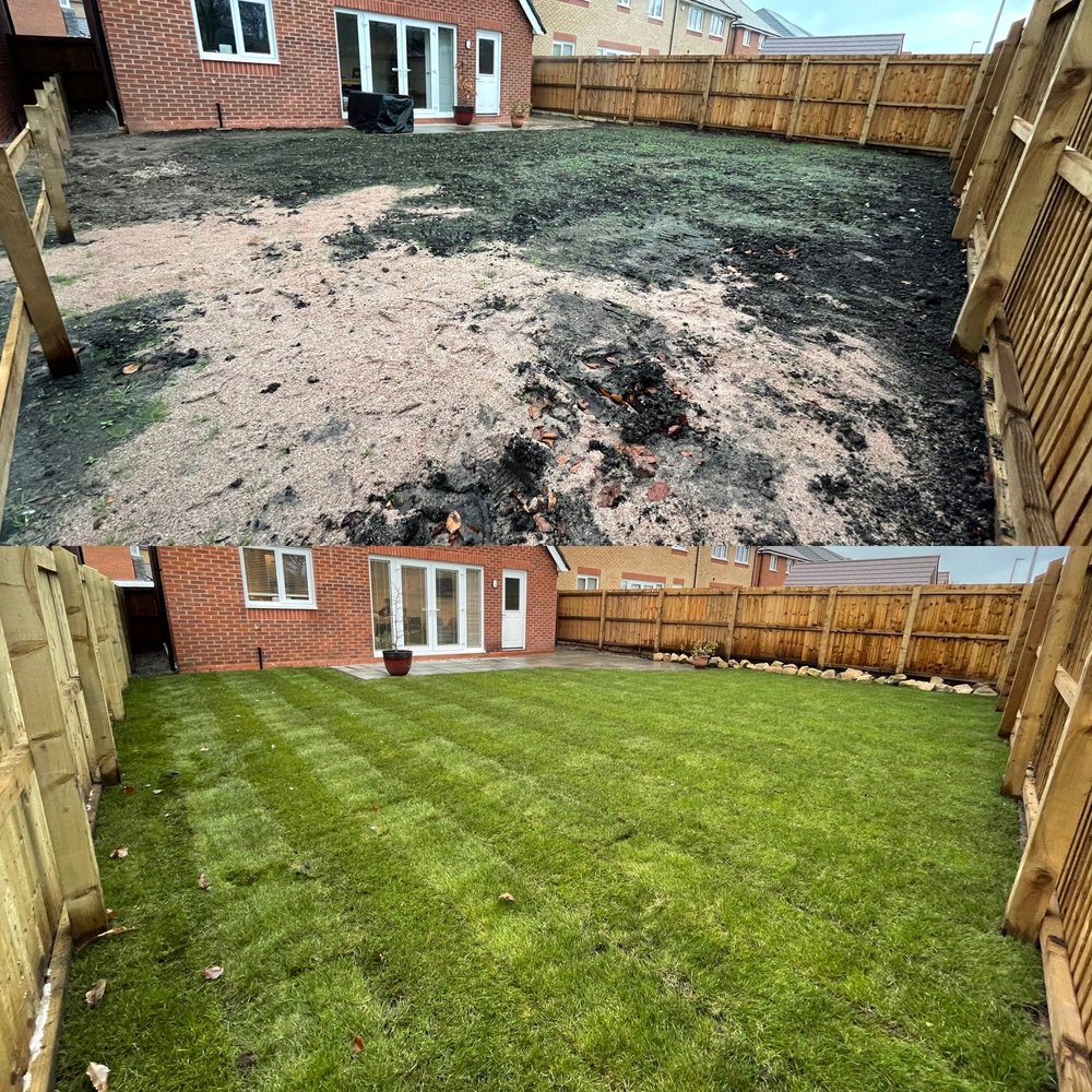 Before-and-after view of a larger Five Willows turfing project