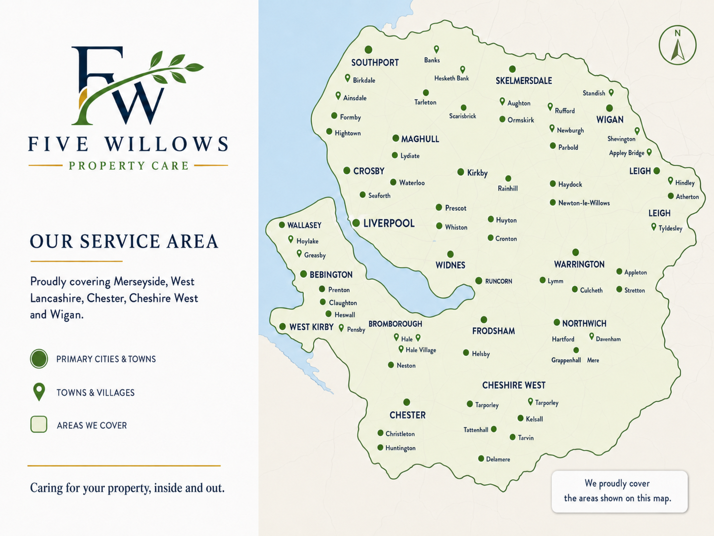 Map of an area showing the service coverage of Five Willows Property Care with various towns and villages marked, including Wigan, Skelmersdale, and Warrington, along with a legend indicating primary cities and towns, towns and villages, and the coverage area.