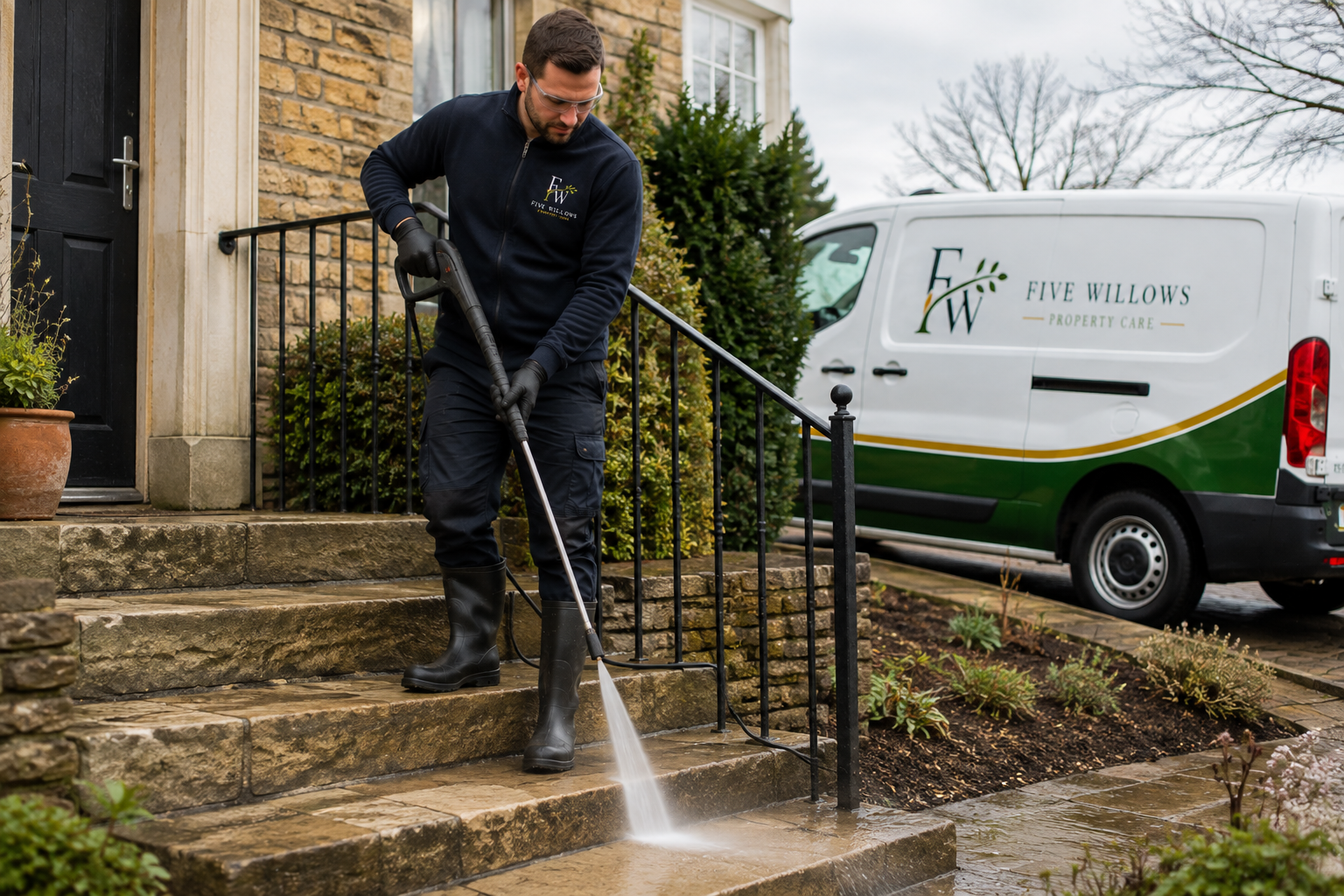 A man in black boots and gloves uses a pressure washer to clean stone steps outside a house. A white and green property care van is parked nearby.