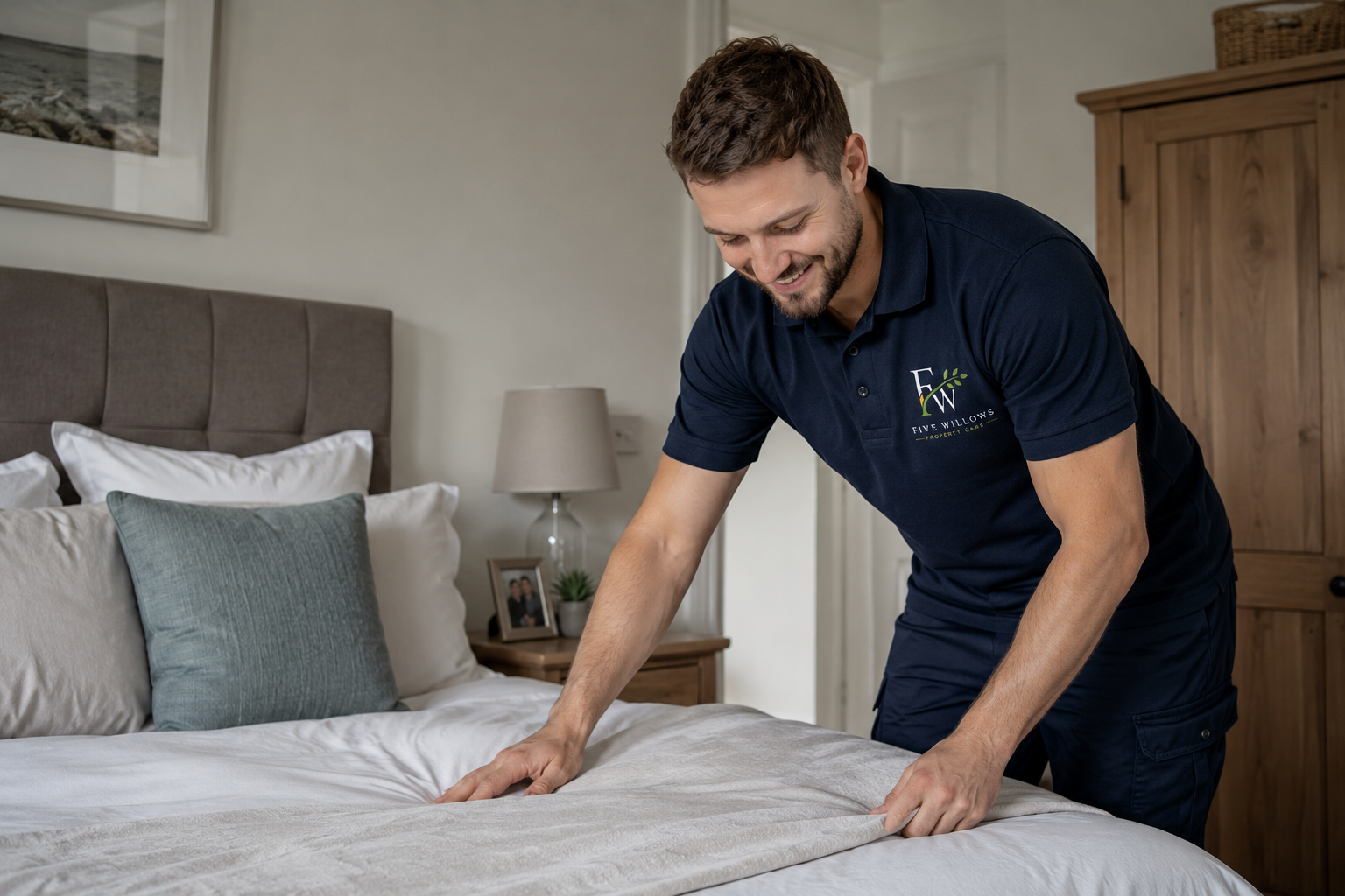 A man making a bed in a bedroom, wearing a navy blue polo shirt with a logo that reads 'Five Willows'.