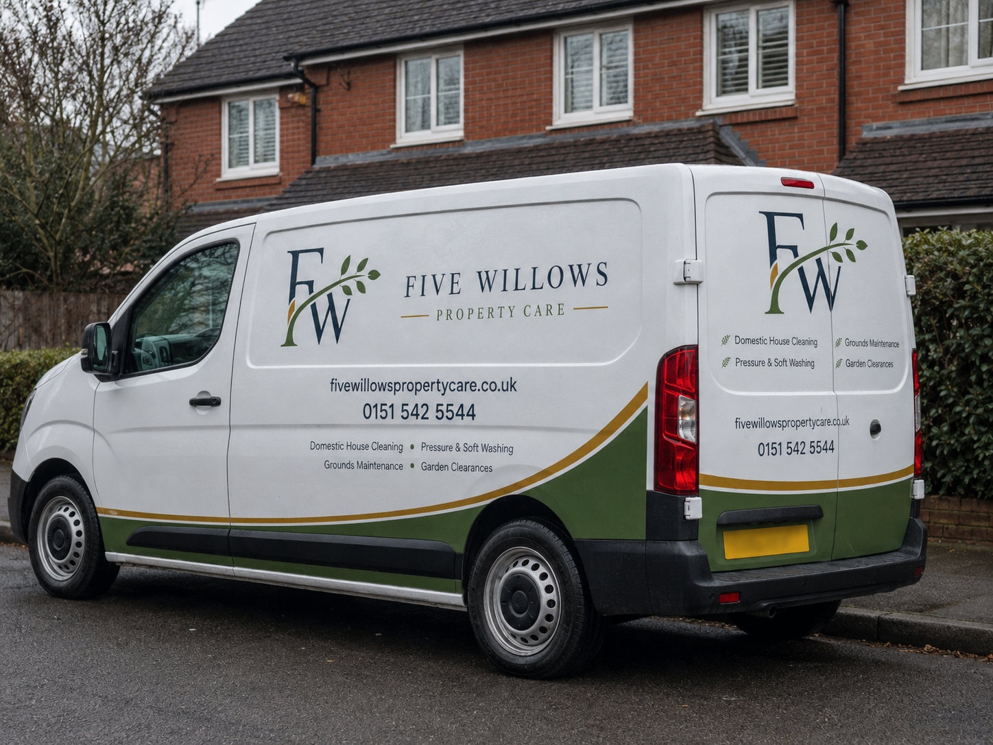 White delivery van for Five Willows Property Care parked on a residential street, with district houses in the background.