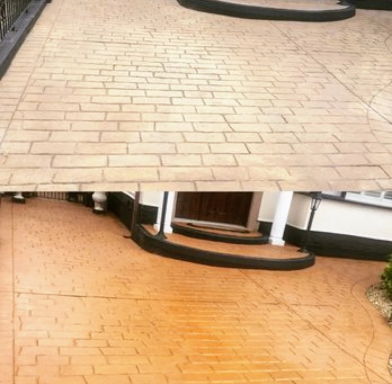 Comparison of three different brick patio surfaces, from top to bottom: light beige, medium brown, and dark orange.