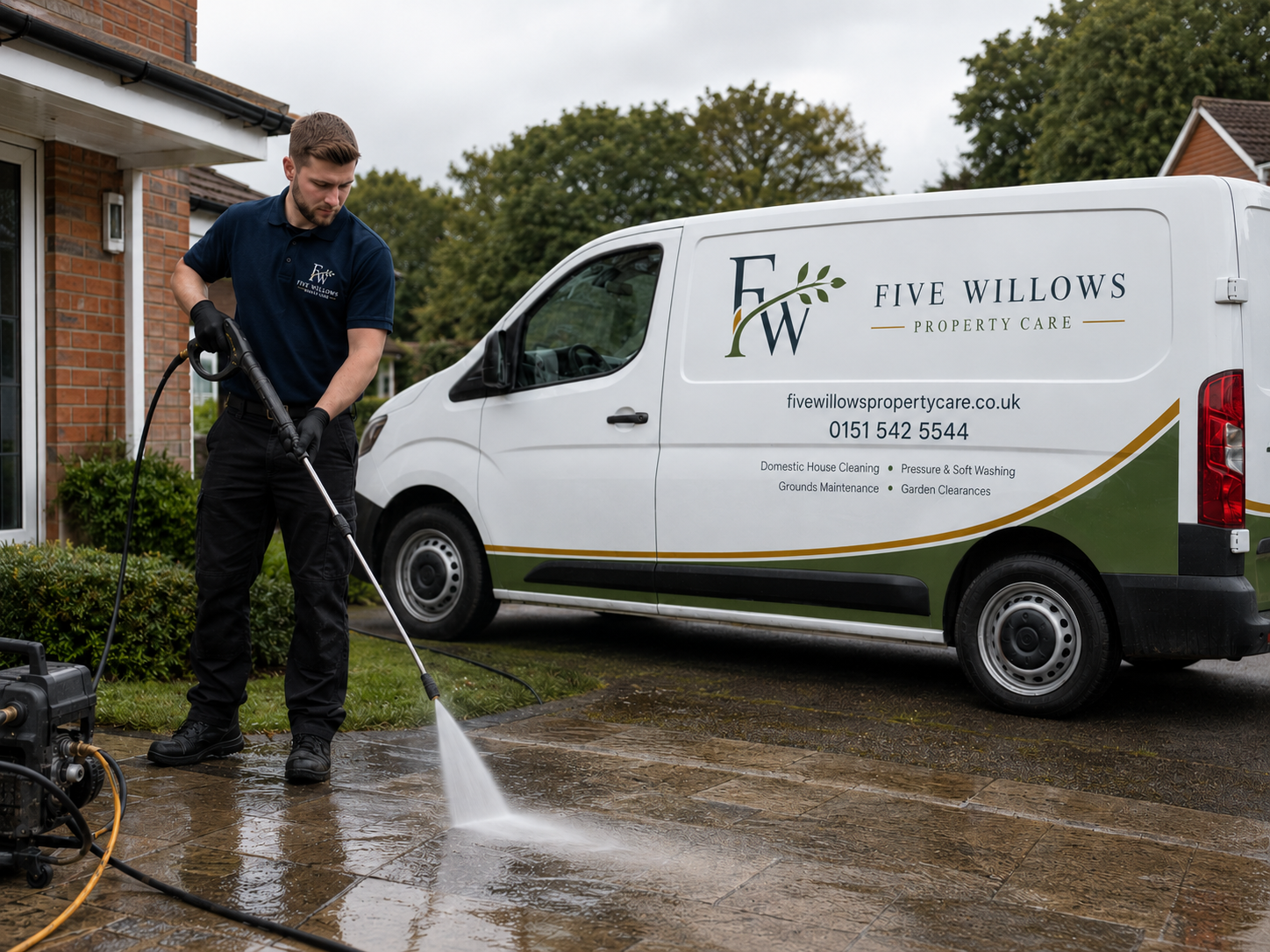A man cleaning a driveway with a pressure washer hose, standing next to a white van with the logo and contact information of Five Willows Property Care, a house cleaning and maintenance service.