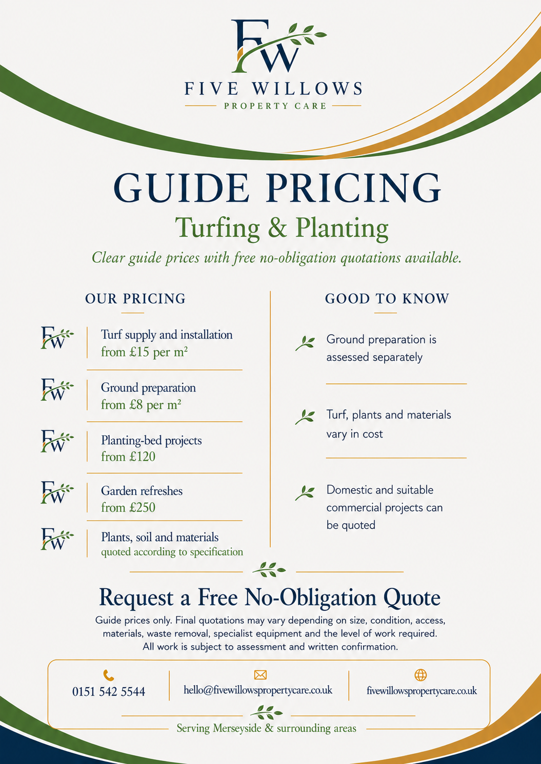 Guide pricing sheet for Five Willows Property Care, detailing costs for turfing and planting services, including supply, installation, ground prep, planting projects, garden refreshes, and materials, with contact information and service area in Merseyside.