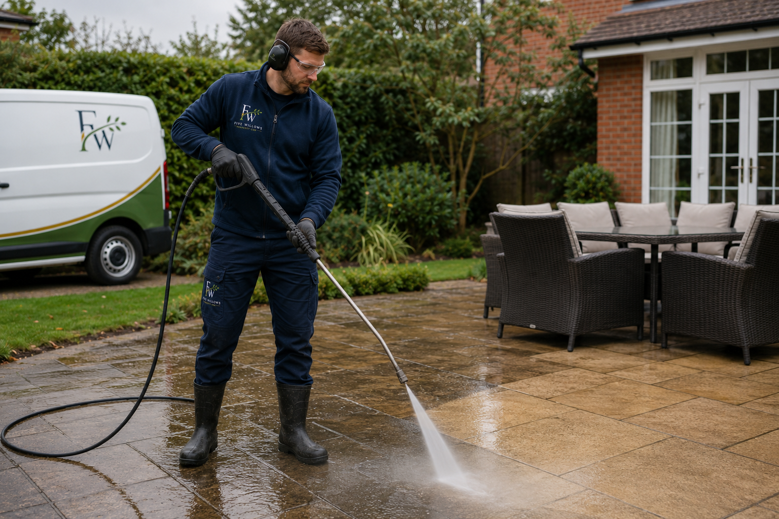 A man cleaning a paved outdoor patio with a pressure washer, wearing safety glasses, gloves, and waterproof boots, with a garden and patio furniture in the background.