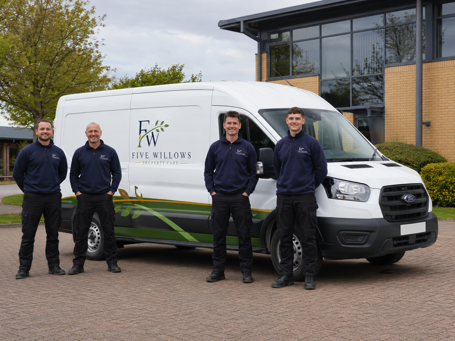 Four men standing in front of a white delivery van with 'Five Willows Property Care' logo, outdoors on a paved area near a building and trees, wearing navy blue uniforms.