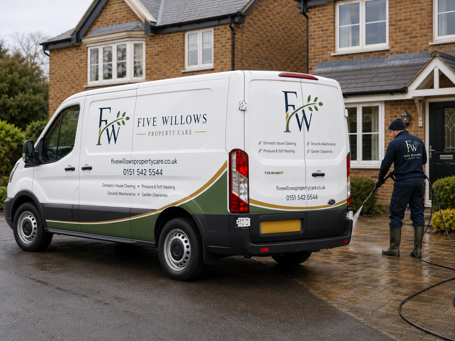 A man wearing a navy blue Five Willows Property Care uniform with rubber boots pressure washing a brick-paved driveway in front of a brick house.