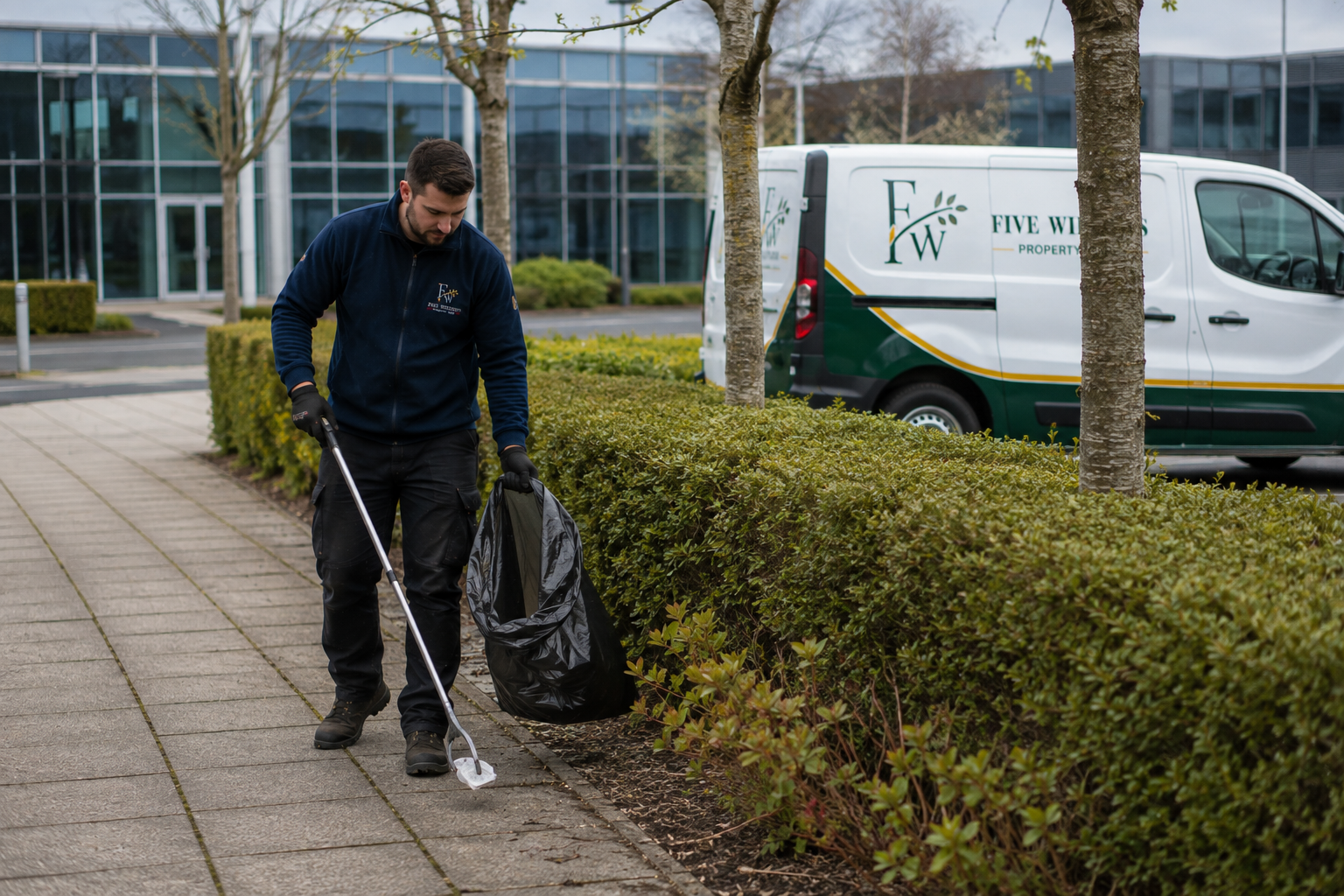 A man is picking up litter from the sidewalk with a trash picker and putting it into a trash bag. He is wearing black gloves, black pants, and a dark blue jacket. A white and green company van is parked nearby, and there are trees and bushes along the sidewalk in an urban area.