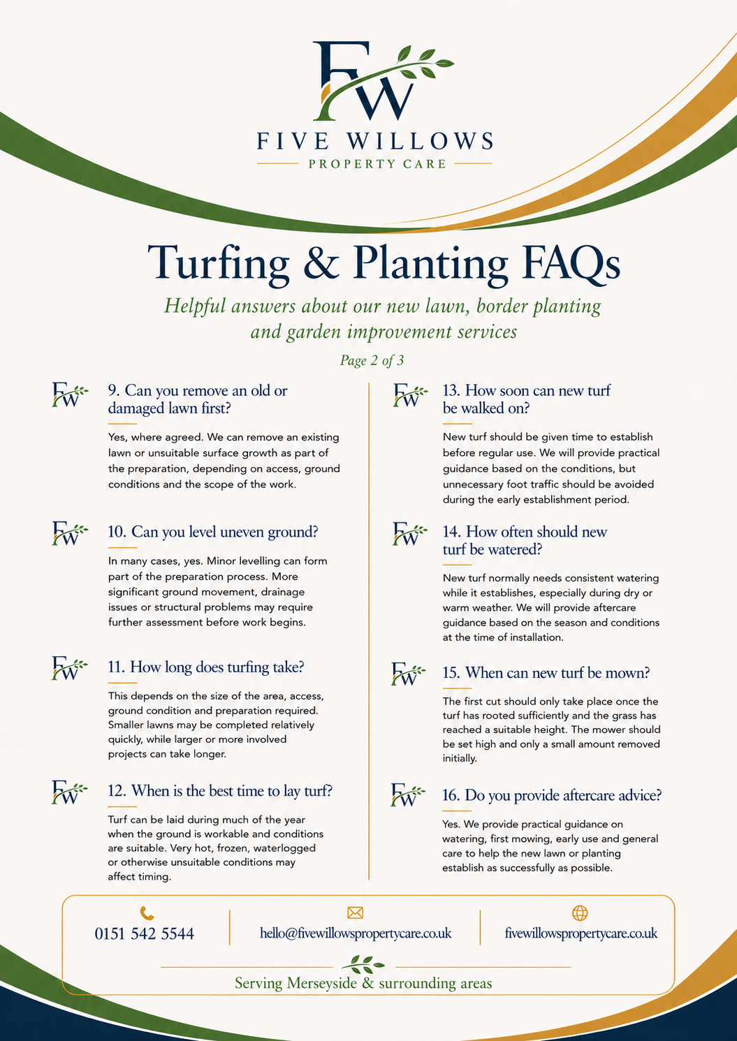 Information sheet titled 'Turfing & Planting FAQs' from Five Willows Property Care, with questions about lawn care and turf installation, including contact information and service area in Merseyside.