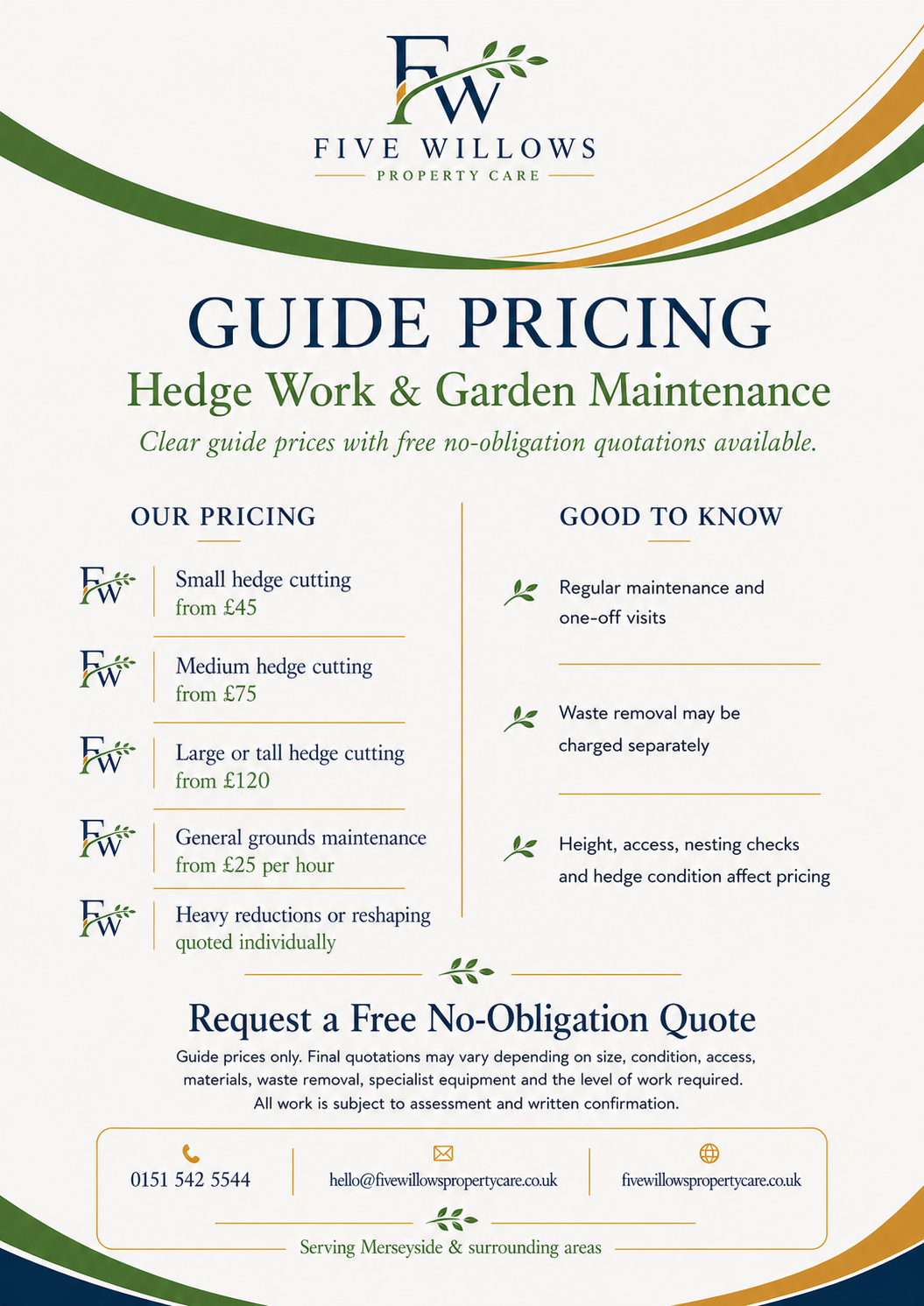 A property care service flyer for Five Willows, offering hedge work and garden maintenance with pricing and contact information. The flyer features the company's logo, service details, and tips about maintenance and waste removal.