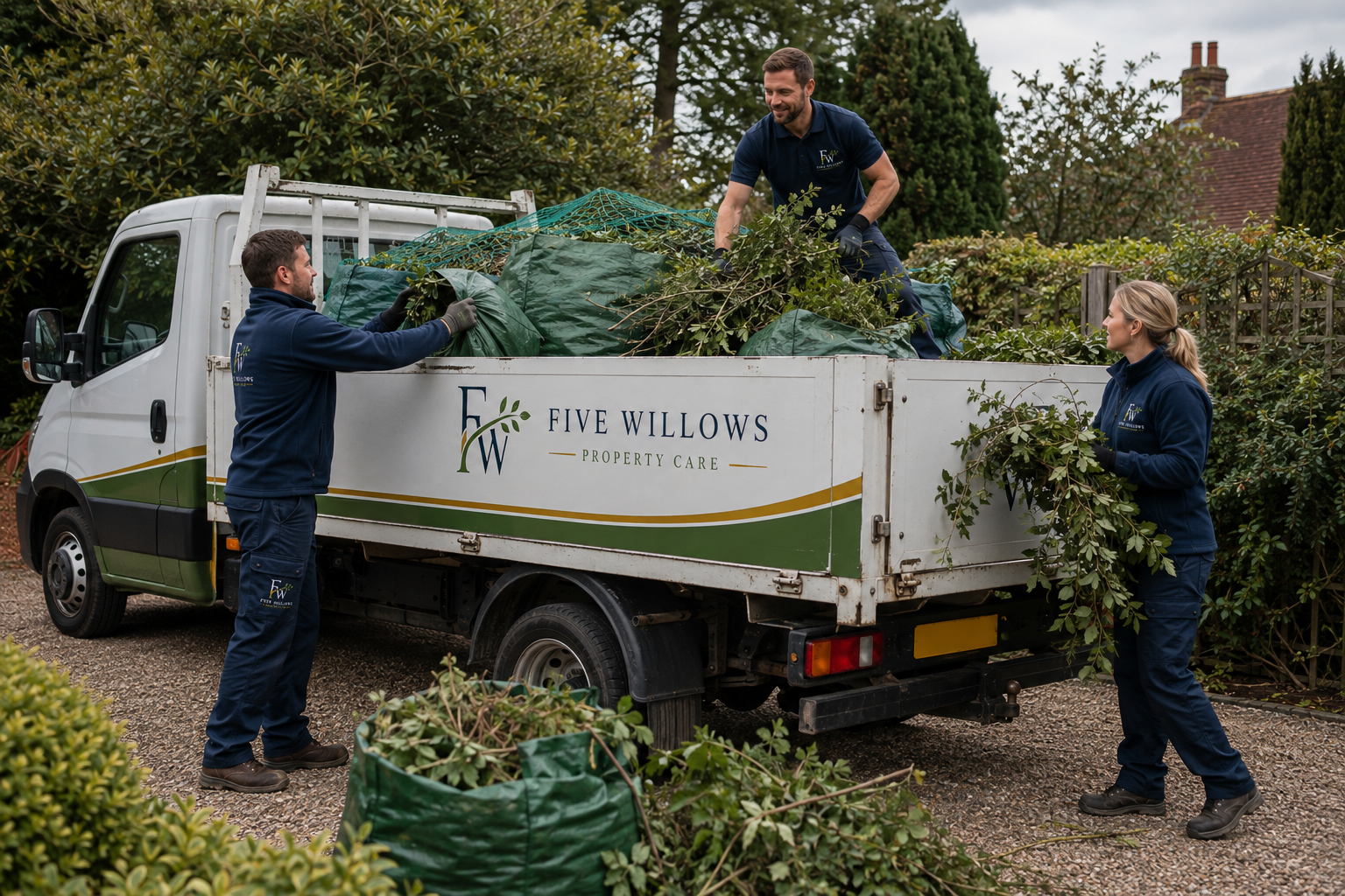 Three workers loading yard debris onto a pickup truck labeled Five Willows Property Care, with bushes and trees in the background.