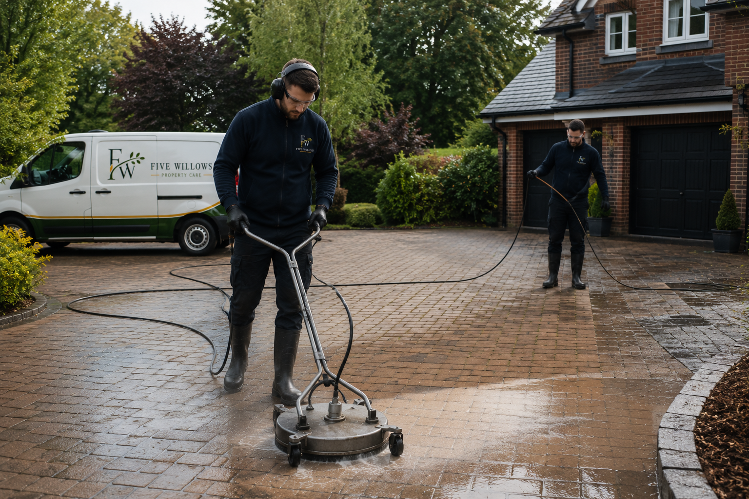 Two workers power-washing a brick driveway in front of a brick house with a garage, trees, and a White Willows property care van parked in the background.