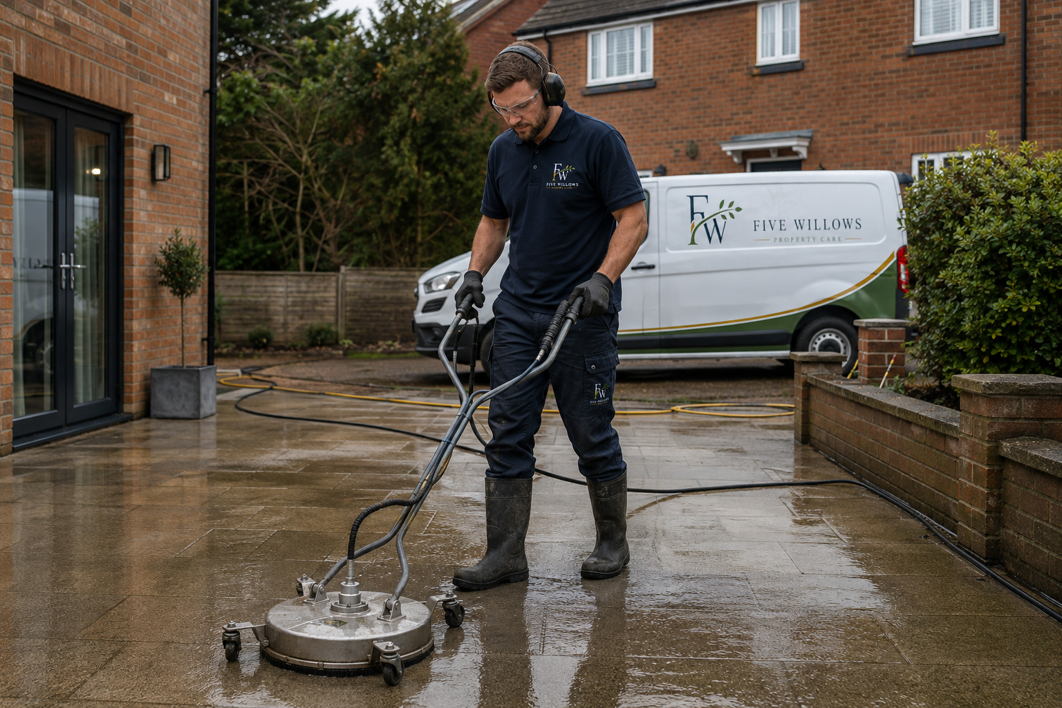 A man wearing safety gloves, goggles, and ear protection is power washing a concrete patio outside a brick house. A white van with the logo 'Five Willows Property Care' is parked nearby.