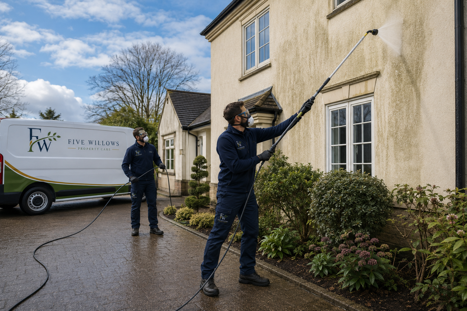 Two workers from Five Willows Property Care power washing the exterior wall of a house, with one using a long wand and the other holding a hose, on a wet driveway.