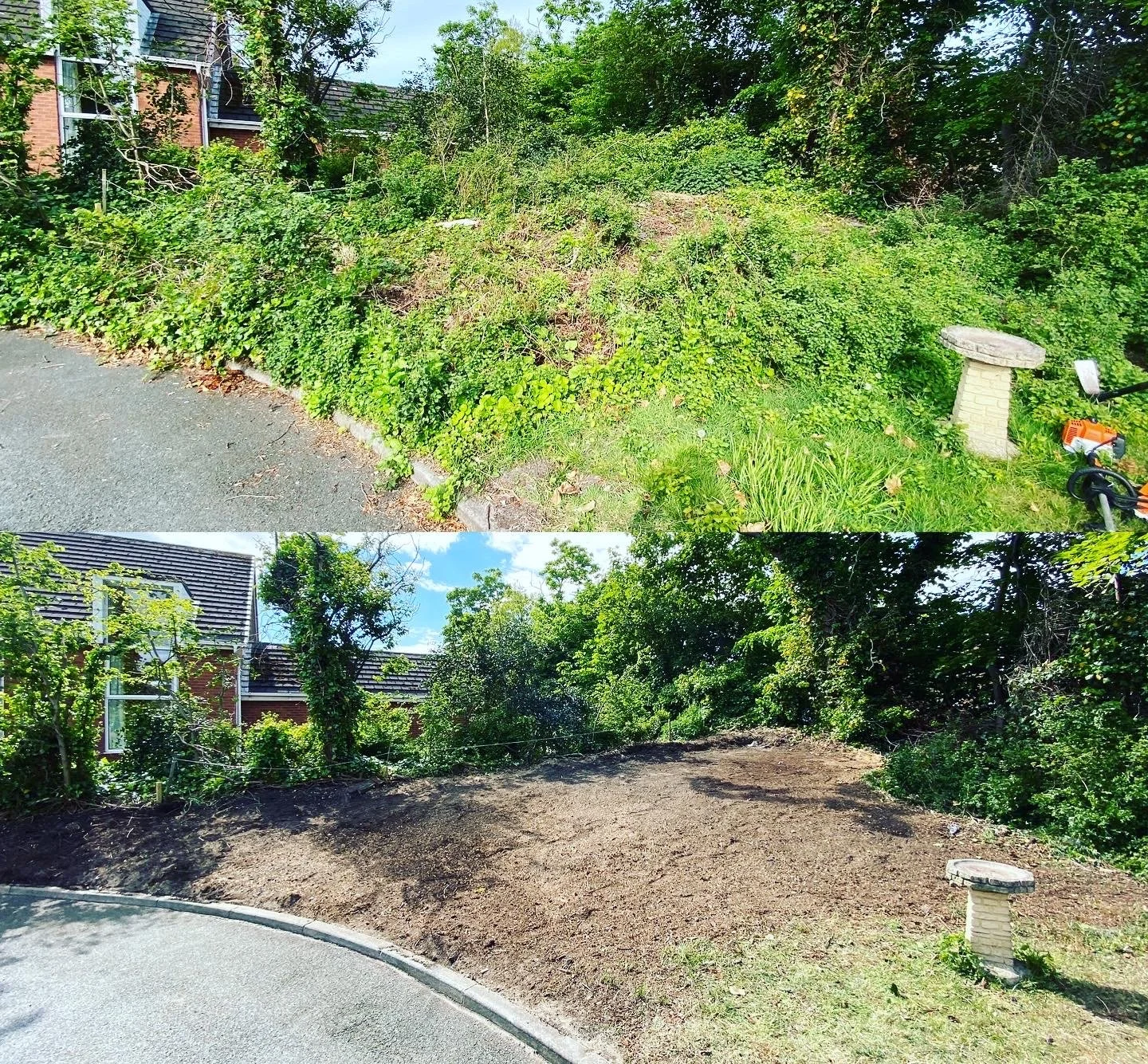 Before and after images of a yard, showing removal of plants and dirt leveling for landscaping.