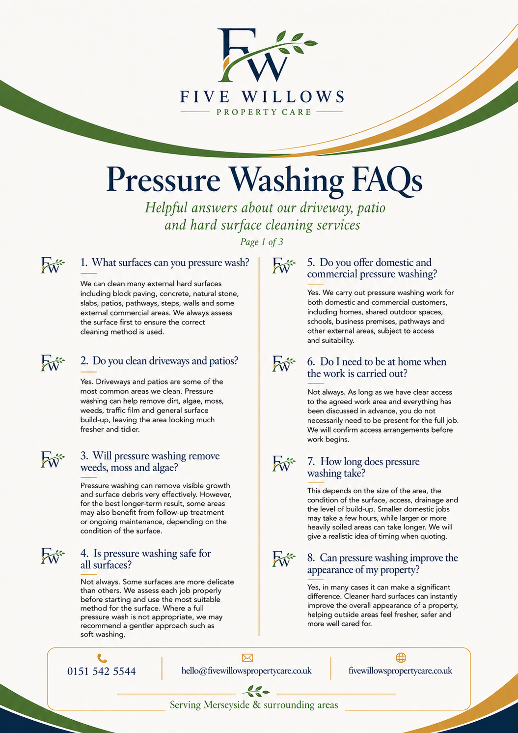 A flyer titled 'Pressure Washing FAQs' from Five Willows Property Care, with questions and answers about pressure washing services for driveways, patios, and external surfaces.