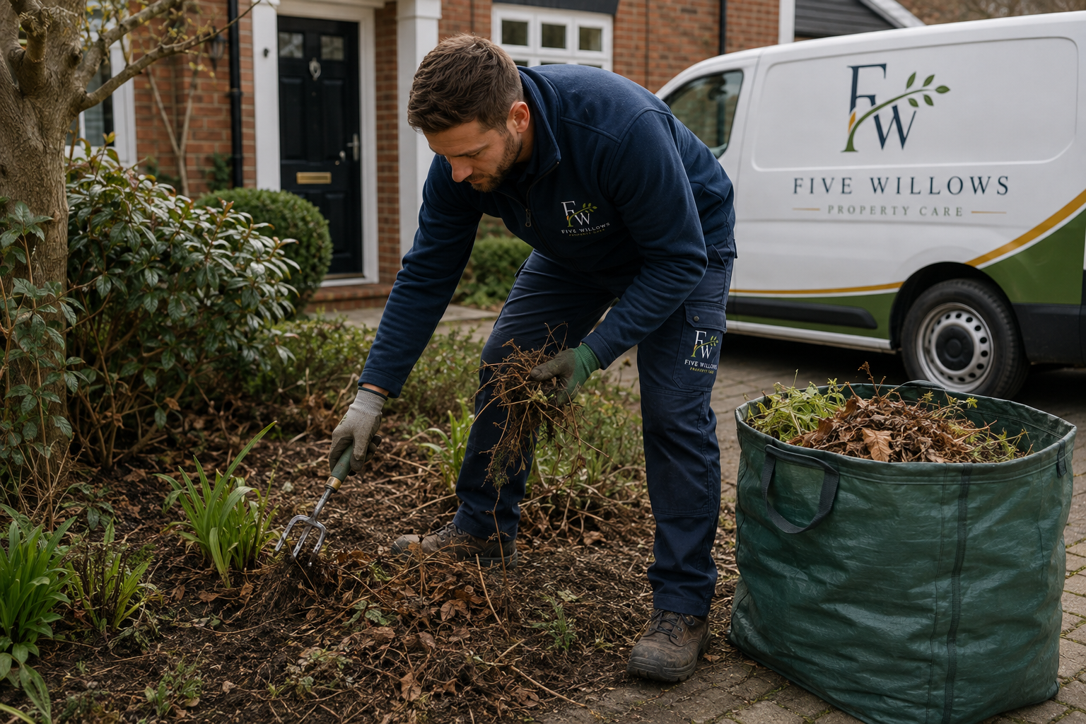 A man wearing a Five Willows Property Care uniform is gardening outside a house, pulling weeds from flower beds next to a large green tote bag filled with leaves and debris.