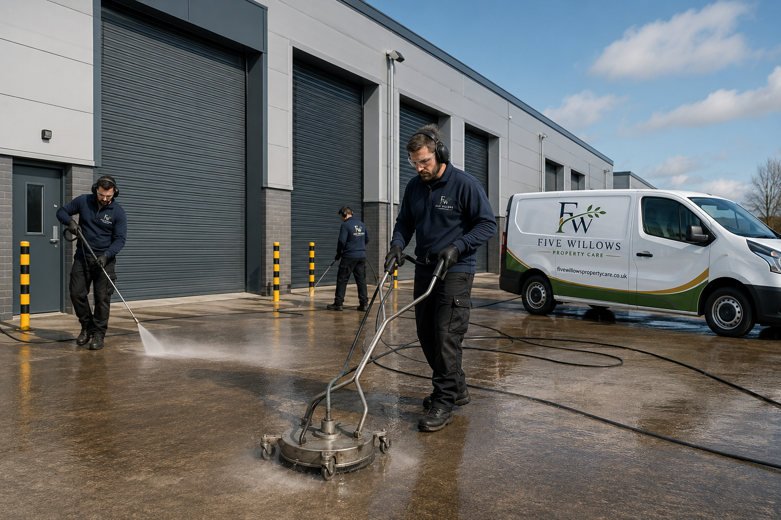 Three workers cleaning an industrial warehouse parking lot with a pressured water machine, with a White van labeled "Five Willows Property Care" parked nearby. All workers are wearing navy uniforms and protective gear.