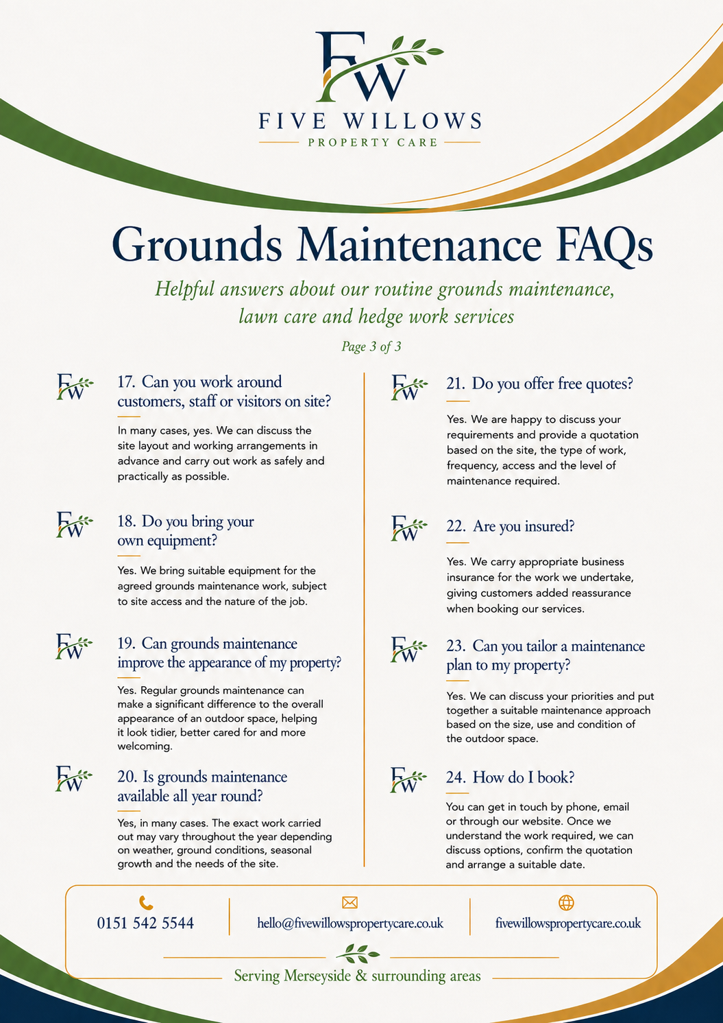 Informational flyer for Five Willows Property Care about grounds maintenance FAQs, including questions about working around customers, bringing equipment, insurance, tailoring maintenance plans, booking, and availability.