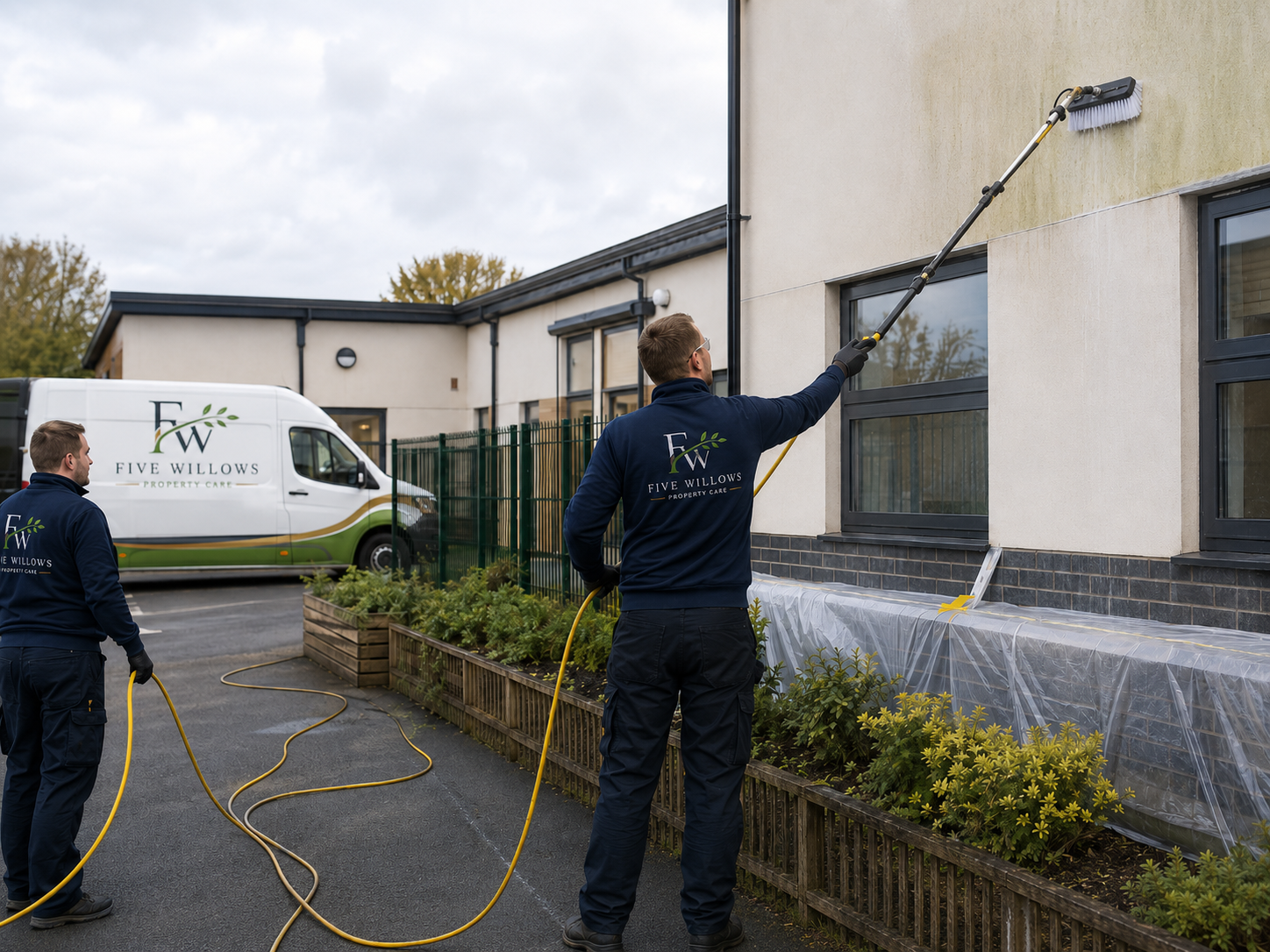 Two workers from Five Willows Property Care pressure washing the exterior wall of a building on a cloudy day, with a van and plants nearby.