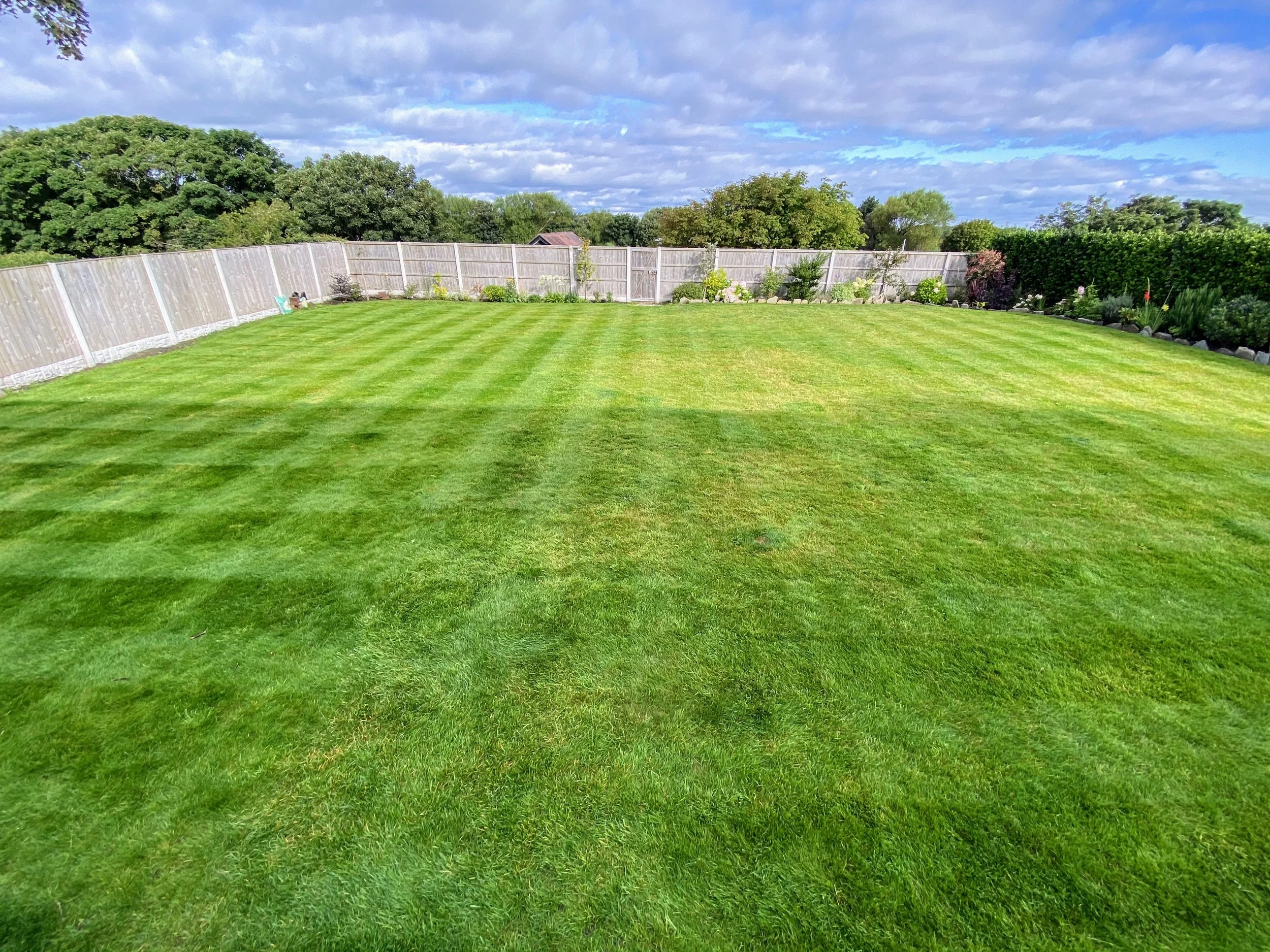 A well-maintained backyard with a lush green lawn, wooden fence, trees, and shrubs under a partly cloudy sky.
